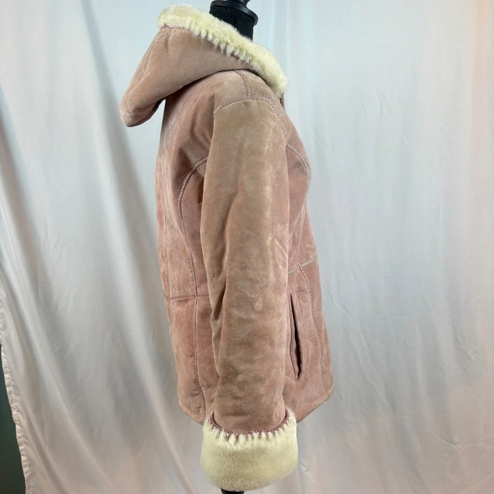 Wilsons Leather Pink Suede‎ Hooded Jacket Faux Fur Shearling Lined Dusty Rose